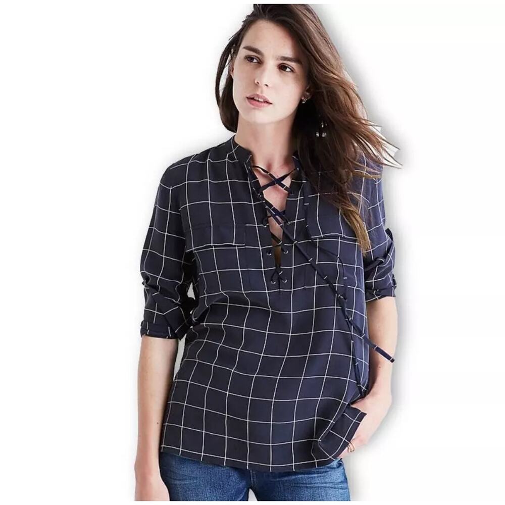 Madewell 100% Silk Navy Blue Windowpane Plaid Lace-Up Long-Sleeve Top, Medium
